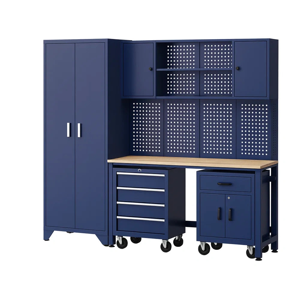 Metall Holz Werkbank Set Blau mit Schrank und Rollen
