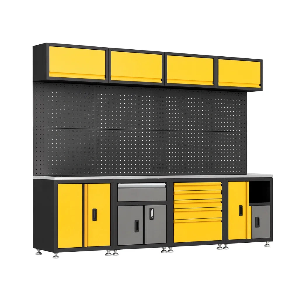 Werkbank Set aus Stahl mit Schränken und Lochwand Gelb Schwarz