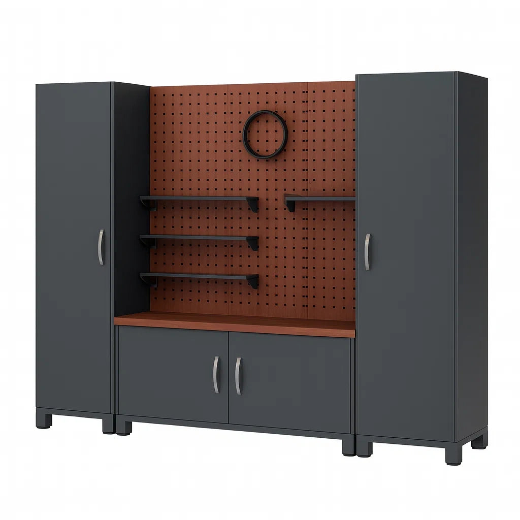 Werkstattschrank aus Metall mit Regalen und Lochwand Dunkelgrau/Rotbraun
