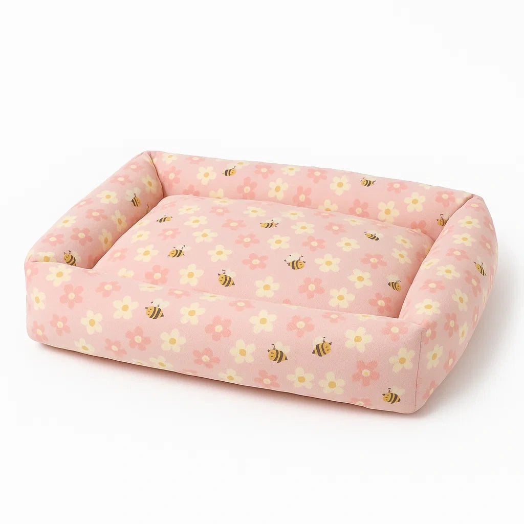 Hundebett aus Baumwolle mit Blumen- und Bienenmuster Rosa