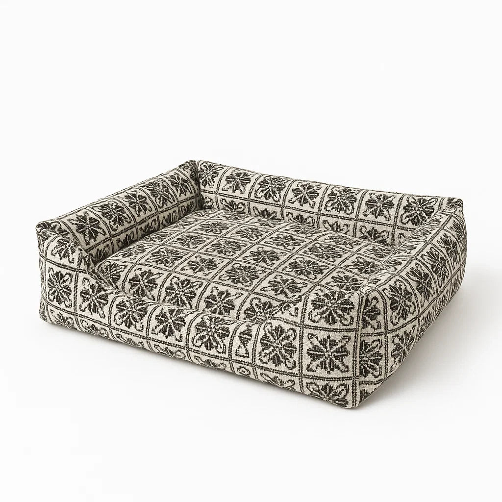 Hundebett Baumwollstoff Schwarz/Beige Blumenmuster Rechteckig