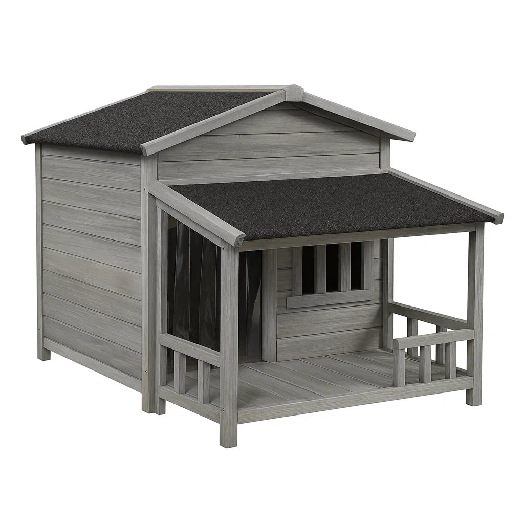 Holz Hundehütte Grau mit Veranda und Fenster