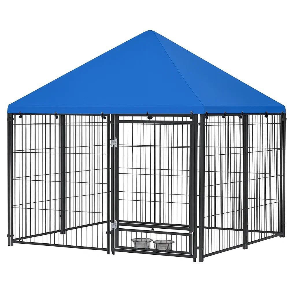 Outdoor-Hundezwinger mit Dach Blau Metall
