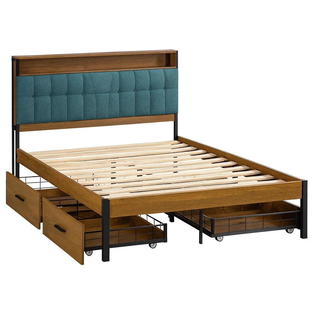 Holzbett mit Stauraum und Stoffkopfteil Blau 140x200 cm