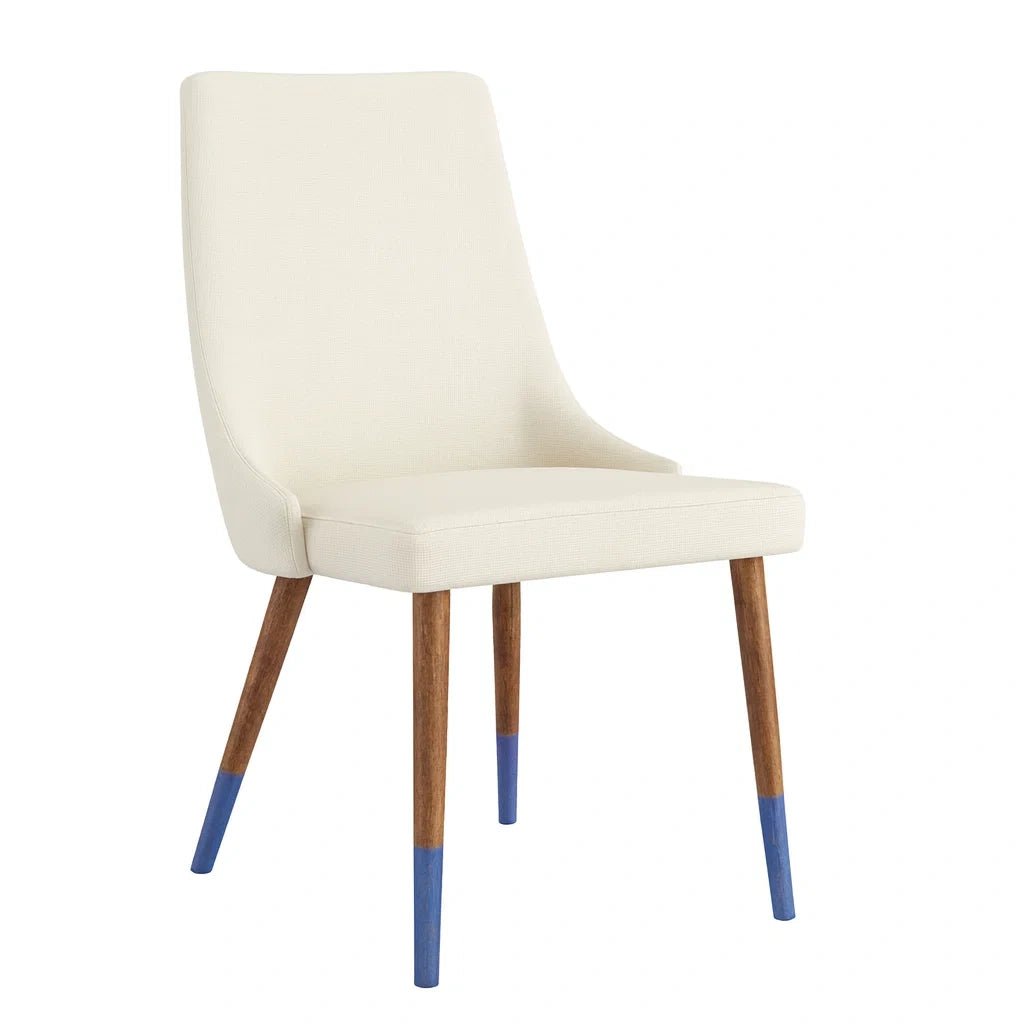 Stuhl mit Leinenbezug Beige und Holzbeine mit Blauen Akzenten