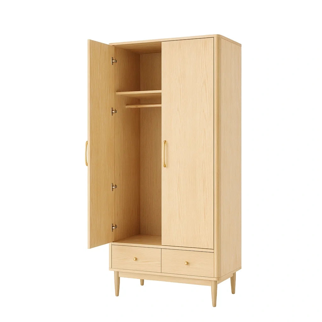 Kleiderschrank aus Massivholz Eiche Hell mit 2 Türen und 2 Schubladen 180x80x50cm