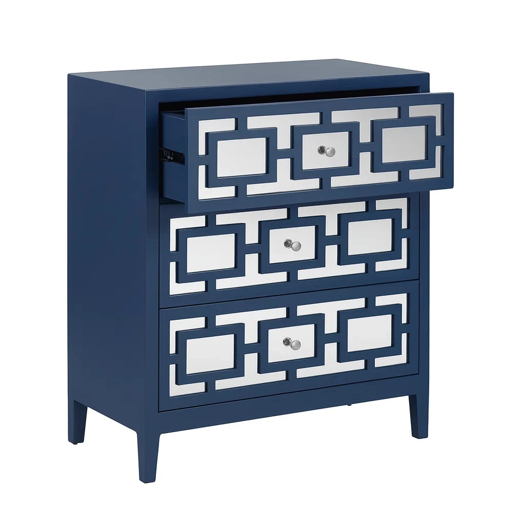 Kommode mit 4 Schubladen aus MDF und Spiegelglas, Blau