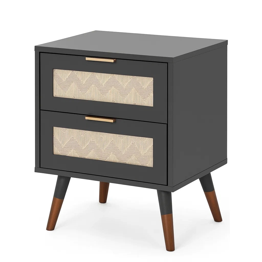 Nachttisch aus MDF mit Rattan und Holzbeinen, Schwarz und Natur, 50x40x60 cm
