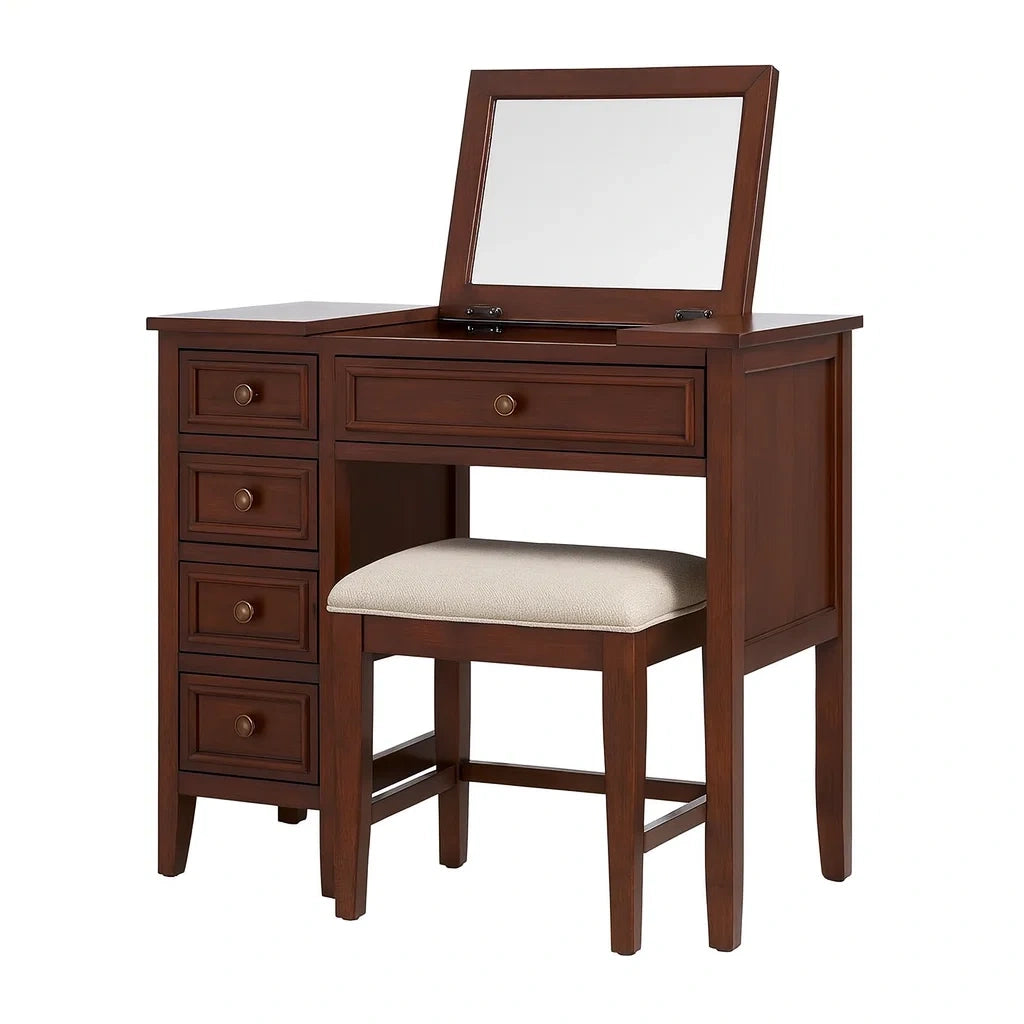Holz Schminktisch Set mit Hocker und Spiegel Braun