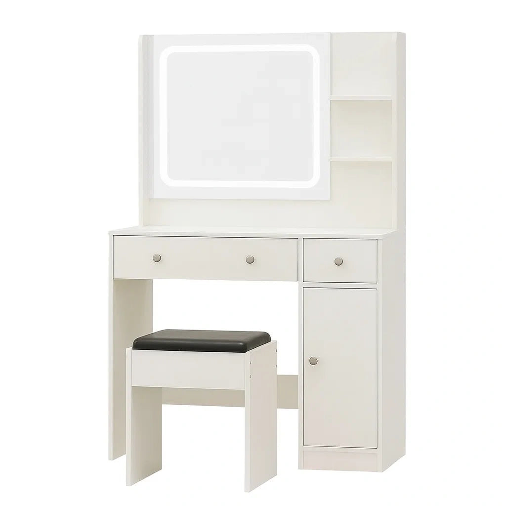 Schminktisch Set Weiß MDF mit LED-Beleuchtung und Hocker