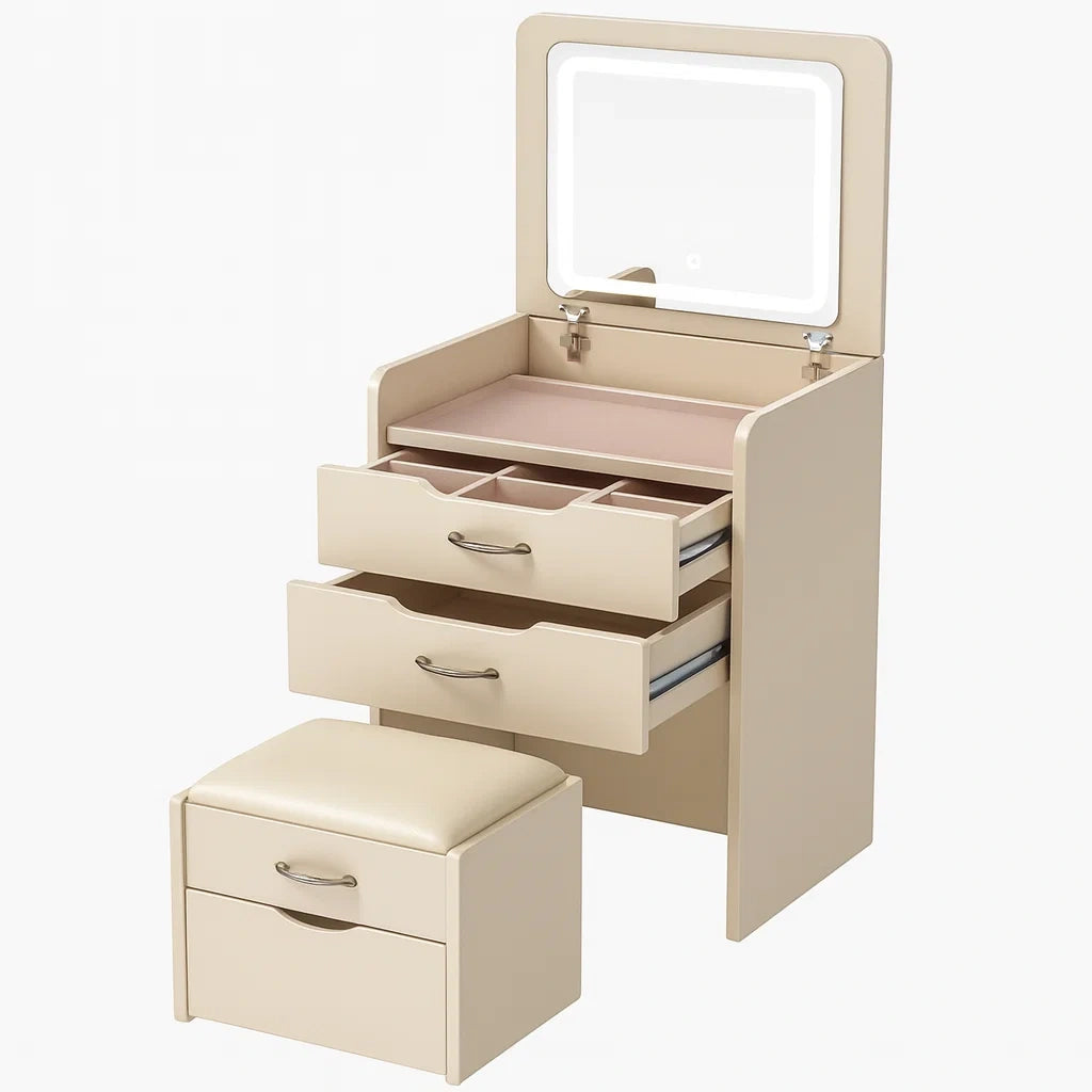 Schminktisch mit Spiegel und Hocker aus MDF und Kunstleder Beige