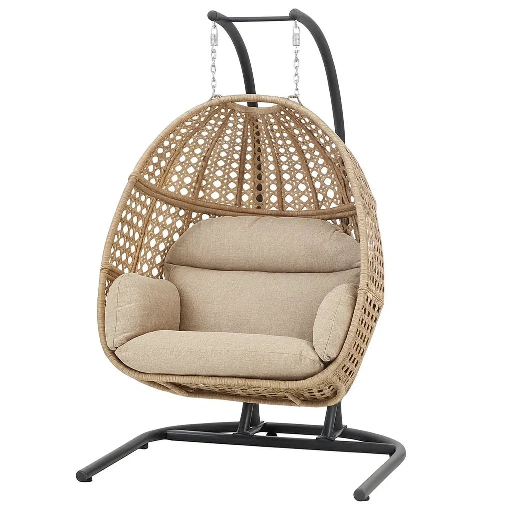 Hängesessel Rattan Beige Kissen Stahlgestell