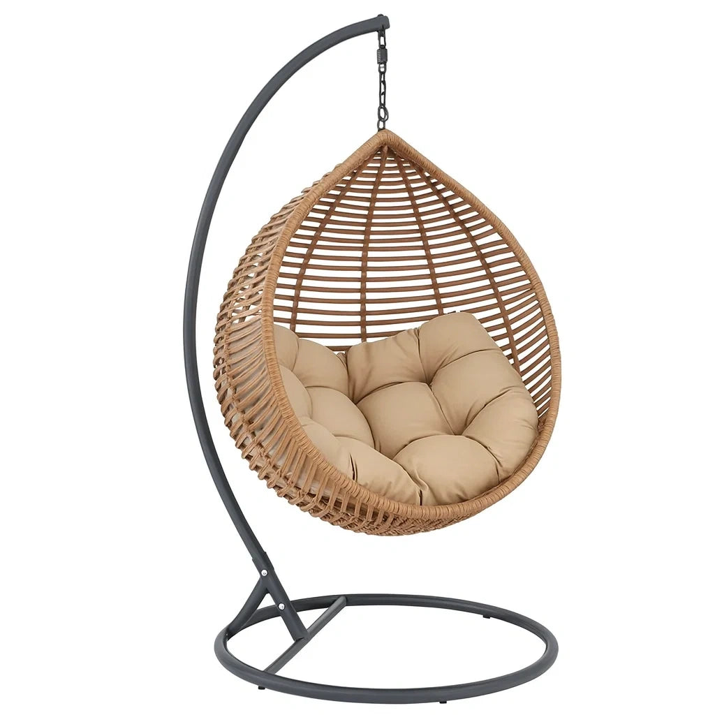 Rattan Hängesessel mit Stahlrahmen und Polyesterkissen Beige