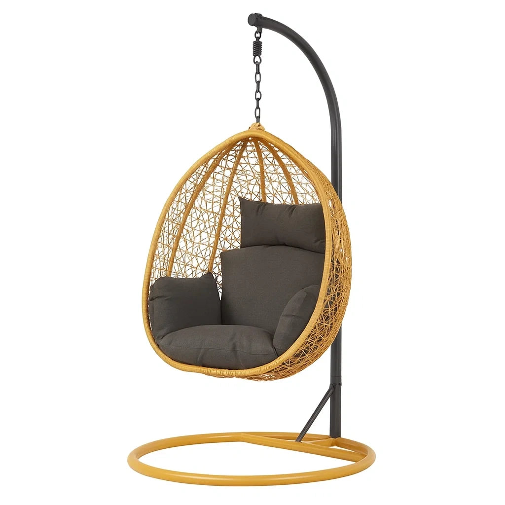 Hängesessel Stahlgestell Kunststoff Gelb Dunkelgraue Kissen 195cm