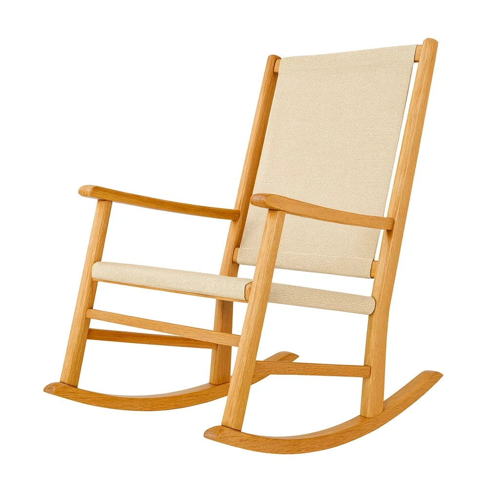 Schaukelstuhl aus Eichenholz mit Baumwollgewebe Beige
