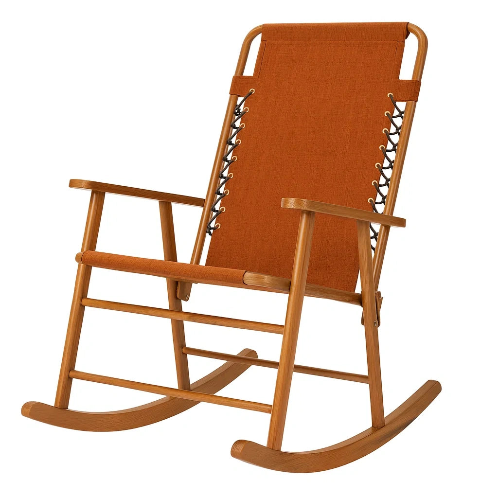 Schaukelstuhl aus Holz mit Polyestergewebe in Orange