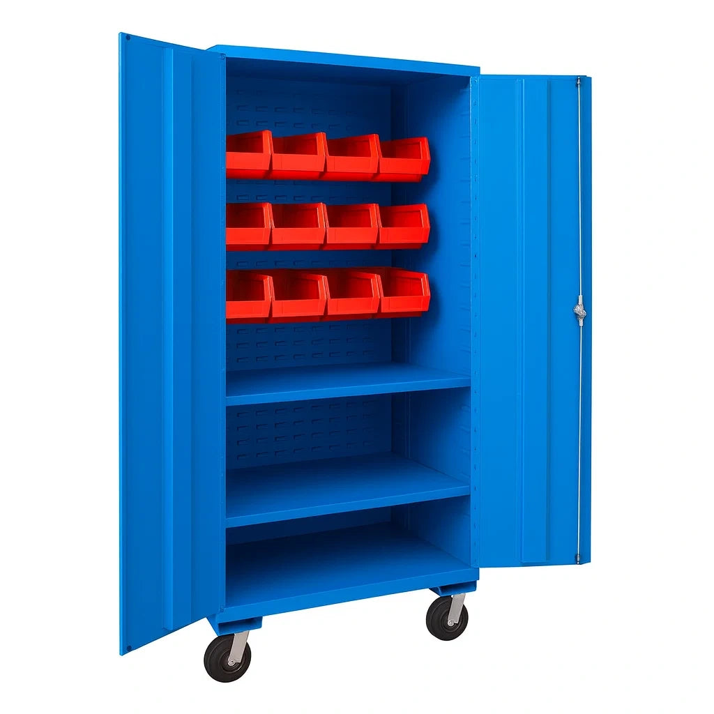 Blauer Metallschrank mit Rollen und Aufbewahrungsbehältern