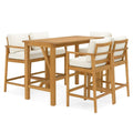 Gartenset aus Teakholz mit vier Barhockern und Tisch, beige Kissen