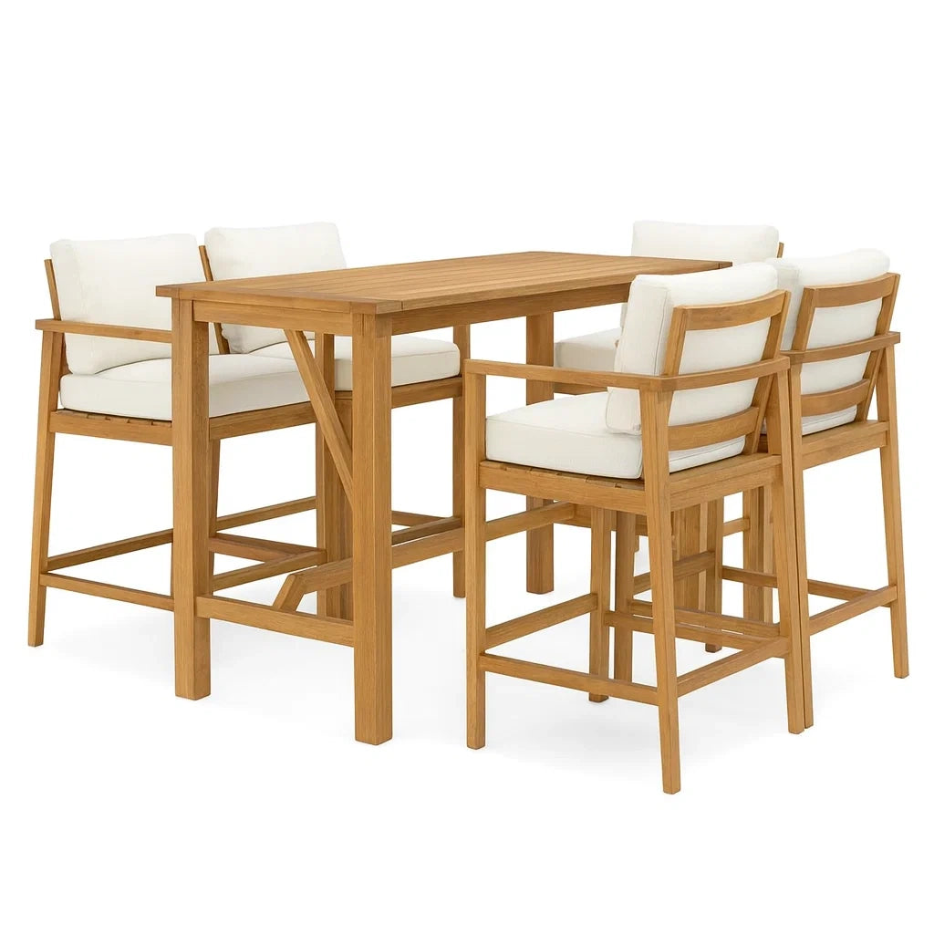 Gartenset aus Teakholz mit vier Barhockern und Tisch, beige Kissen