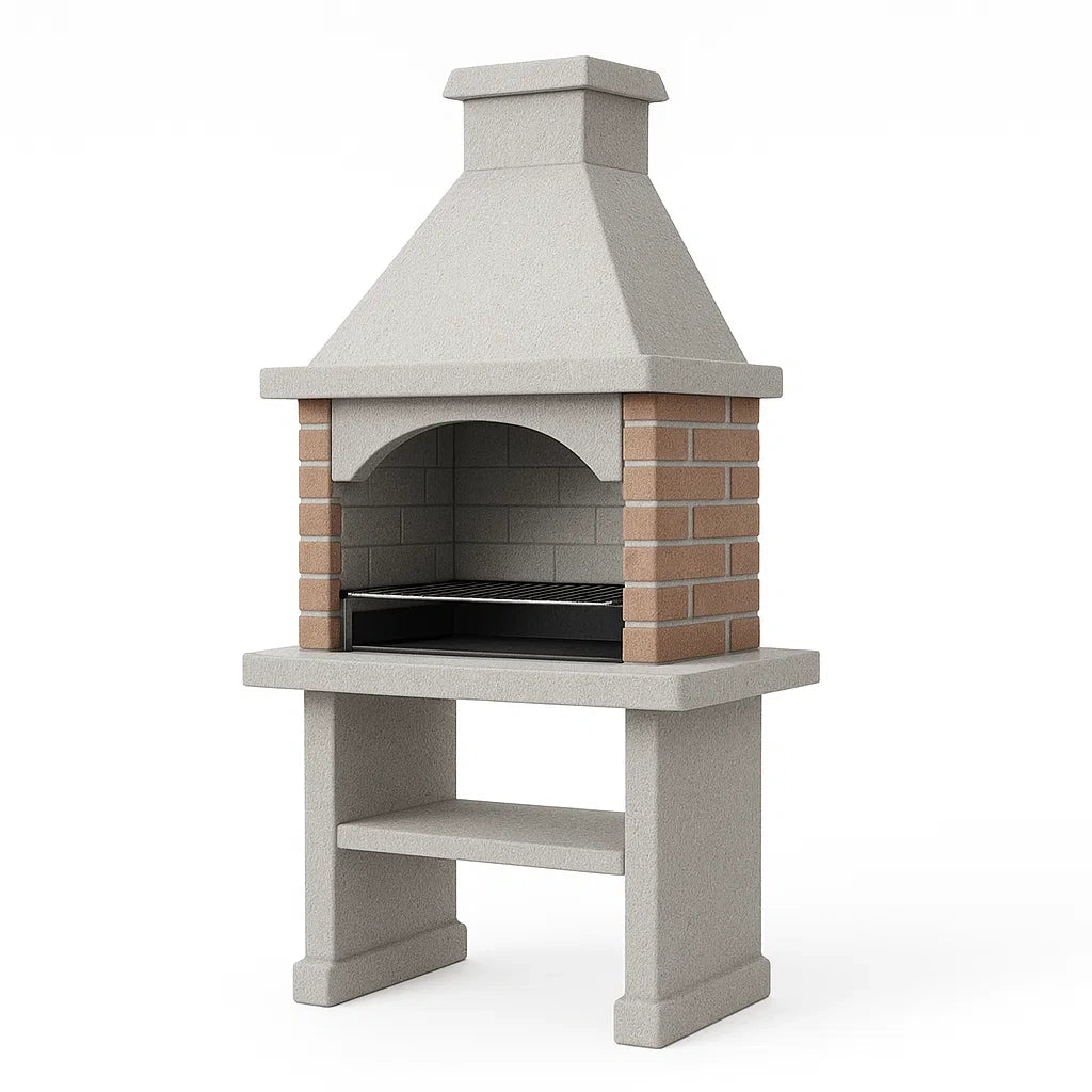 Gartenkamin aus Beton mit Ziegelverkleidung und Edelstahl-Grillrost