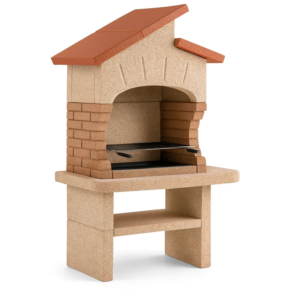Stein-Holzkohlegrill aus Beton und Ziegel in Beige