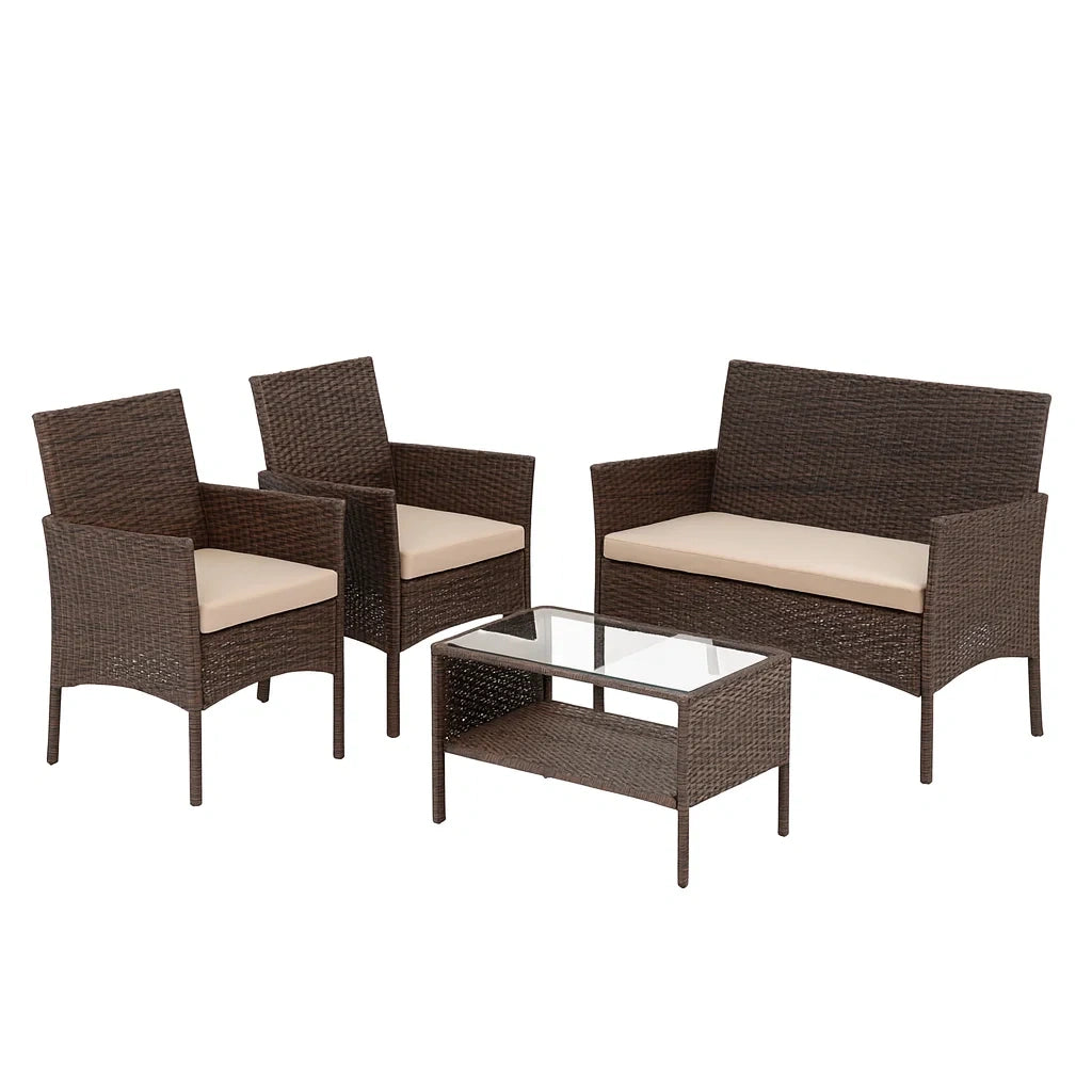 Gartenmöbel Set Rattan Braun mit Polyester-Sitzkissen und Glastisch