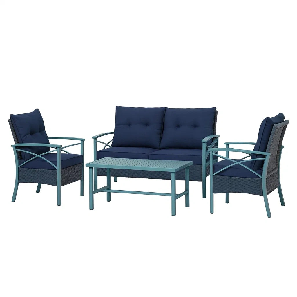 Gartenmöbel-Set aus Polyrattan, Aluminium und Polyester in Blau